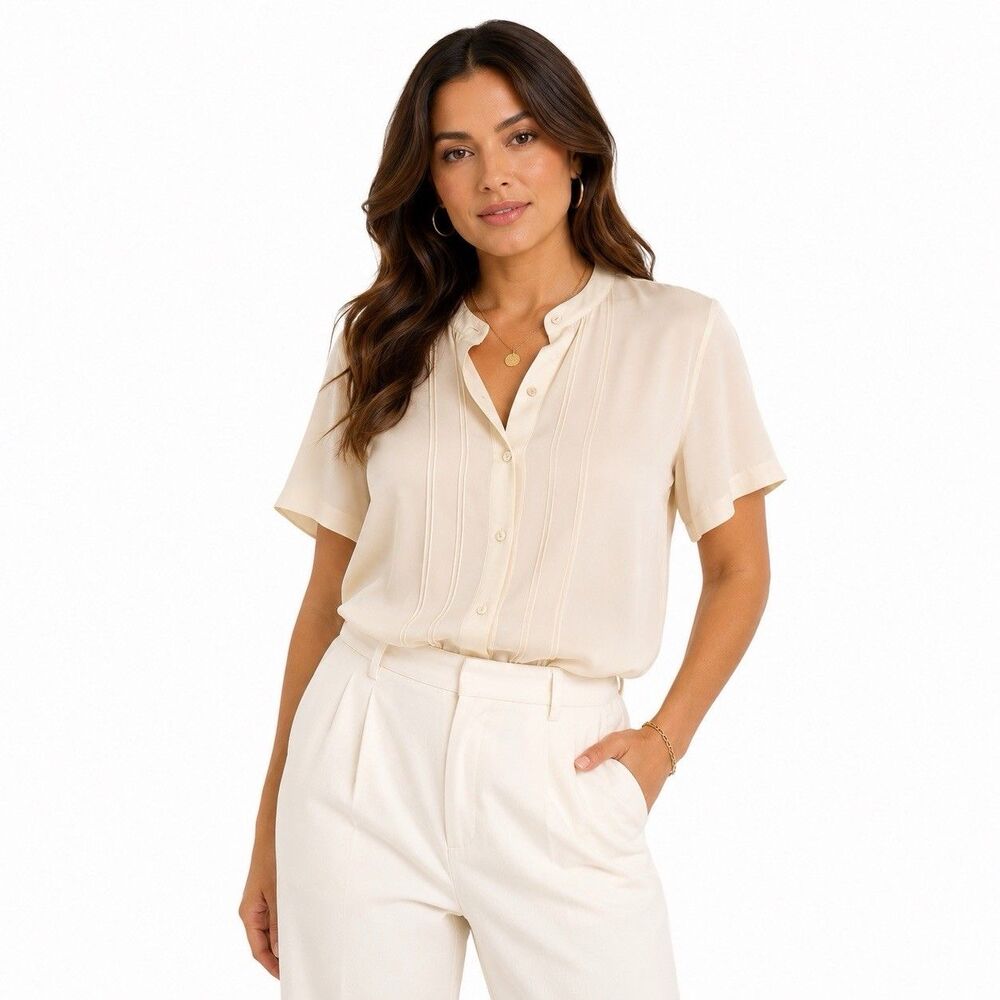 Rena Rowan 100% Silk Button Front Short Sleeve Blouse Cream Ivory Size 10